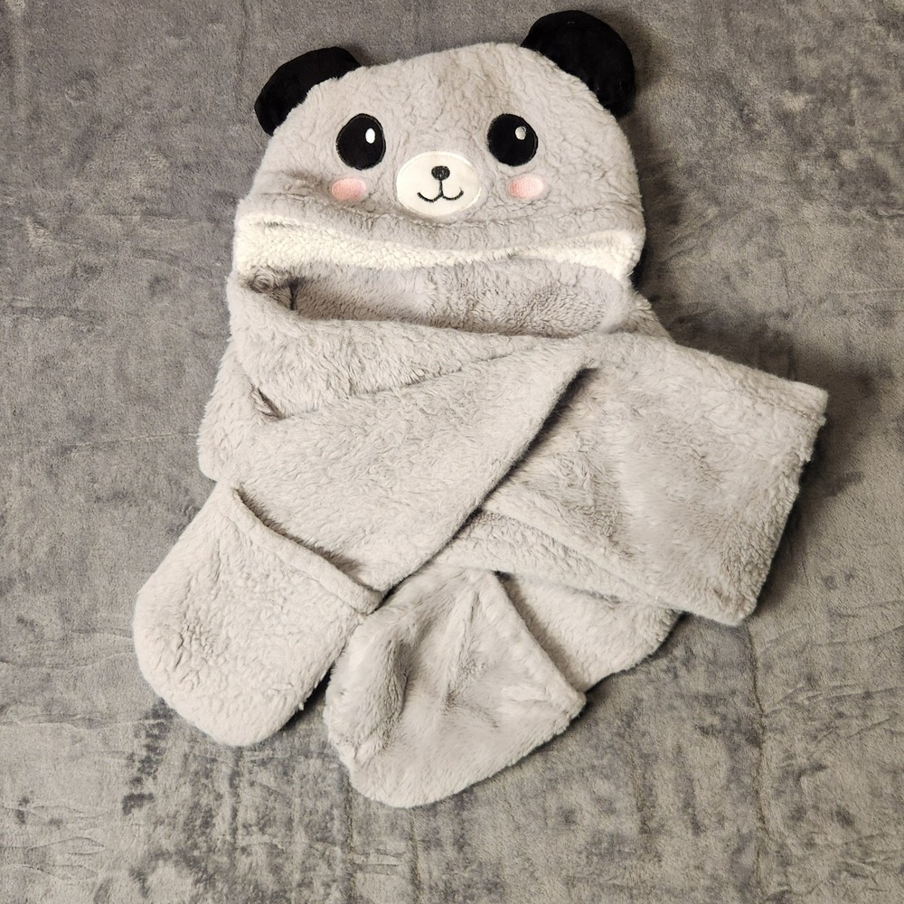 Toddler Kids Panda Winter Hat Scarf Mittens Set 3 in 1 Plush Fuzzy Hood Grey